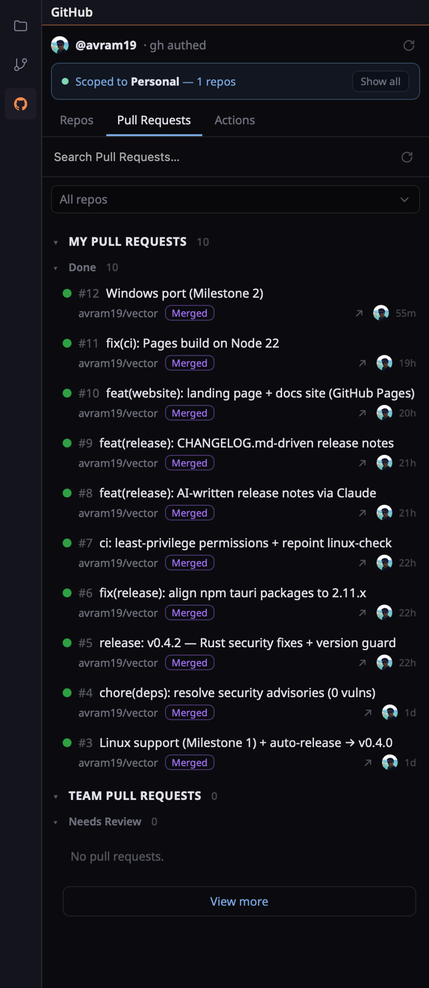 GitHub sidebar in Vector